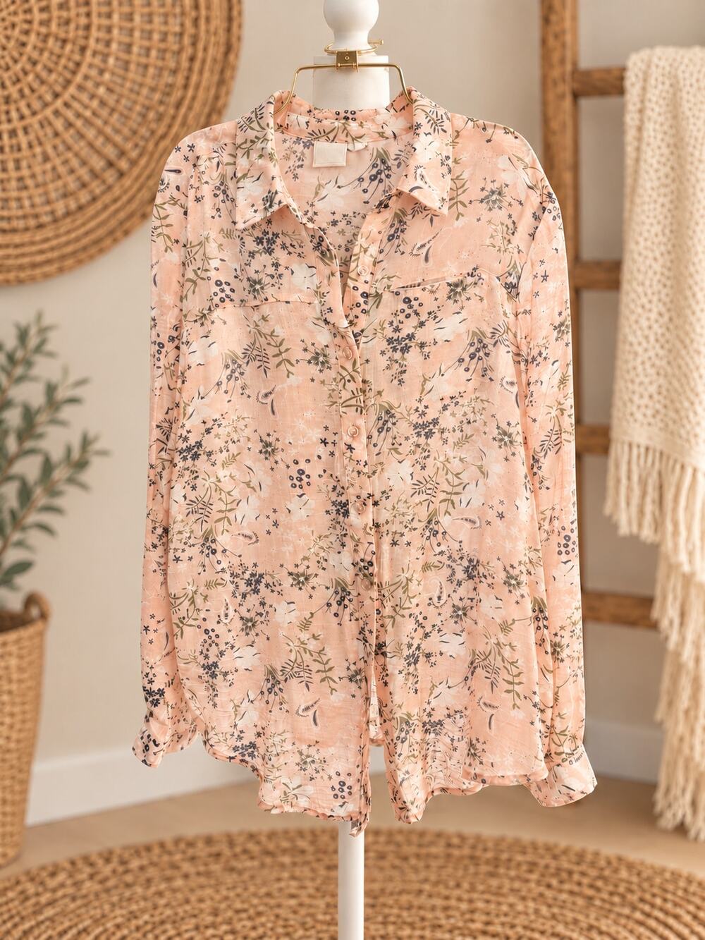 Zac & Rachel Peach Floral Button-Up Blouse Size L
